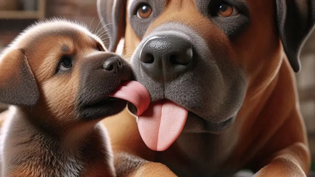 Cachorro lambe o focinho de outro